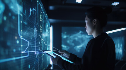 Data science, digital technology concept. Software engineer manager using digital tablet with internet network connection, data center as background, futuristic technology