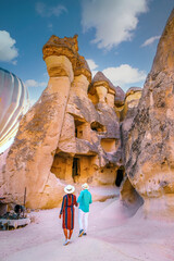 happy young couple on vacation in Turkey Cappadocia