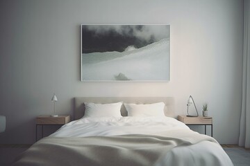 Minimalist white canvas wall art in a naturally lit bedroom. Generative AI