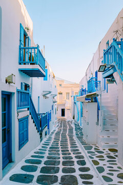 Fototapeta Mykonos Greece , colorful streets of the old town of Mykonos with tourist in the street