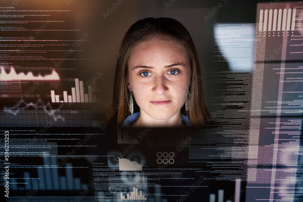 Canvas Prints Woman, face and futuristic with data analytics, coding and digital overlay, stock market dashboard and technology abstract. Trading, IT and fintech, female trader work night and graph on stocks app