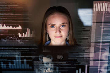 Woman, face and futuristic with data analytics, coding and digital overlay, stock market dashboard and technology abstract. Trading, IT and fintech, female trader work night and graph on stocks app