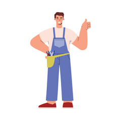 Happy construction worker in uniform with tools, flat vector illustration isolated on white background.