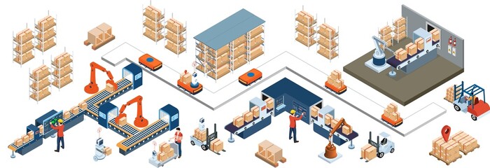 3D isometric automated warehouse robots and Smart warehouse technology concept with Warehouse Automation System and Autonomous robot transportation in warehouses. 
