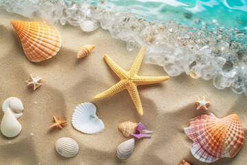 Fototapeta na wymiar Summer background, hot sand beach landscape, sea coast and shells and starfish. Gentle colors, summer concept of travel and vacation in tropical places. Illustration. Generative AI.