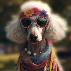 french poodle dog hippie style beautiful cute organic clothing excellent quality 8k IA generativa