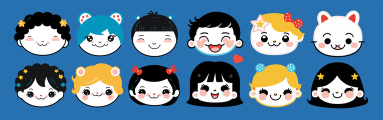 .Kawaii avatars collection, simple style kids head icons. Vector illustration