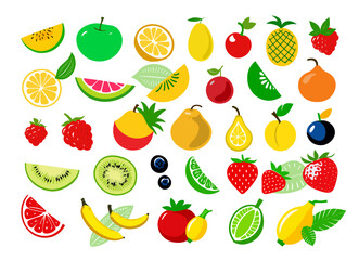 Fruit and Berry collection. Flat style, vegan health food set. Vector set for package, label, menu. Vector illustration.