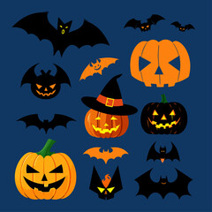 Halloween elements collection. Bats and pumpkins. Vector illustration.