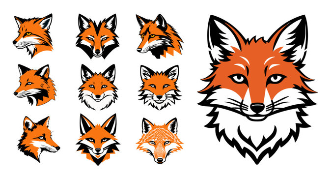 Fox head mascot collection, fox icon set. Vector illustration.