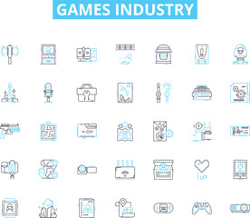 Games industry linear icons set. Gaming, Competition, Innovation, Fun, Strategy, Entertainment, Multiplayer line vector and concept signs. Adventure,Challenge,Console outline illustrations