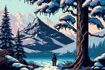 Schneelandschaft mit Bergen und Bäumen - Pixel Kunst