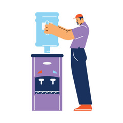 Water delivery man changing cooler canister, flat vector illustration isolated.