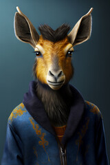 Goat wearing hoodie with blue and gold design on it's face. Generative AI.