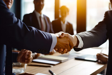 Close up of two people shaking hands at table with other people. Generative AI.