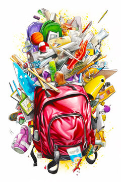 Drawing of red backpack with lots of school supplies on top of it. Generative AI.