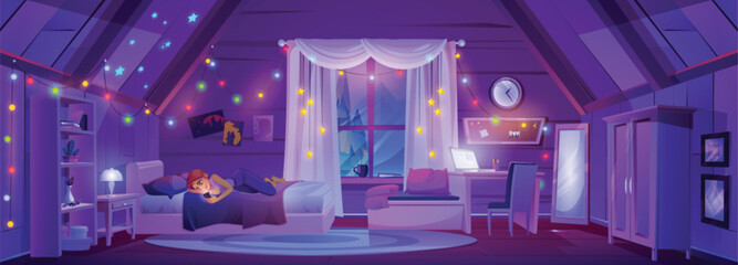 Night attic bedroom interior and girl lying with smartphone cartoon background. Garland light, student desk, mirror and bed in dark girly mansard room cartoon scene with forest view from window.