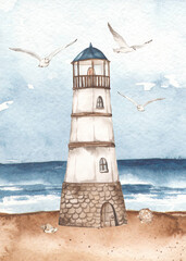 Watercolor card with a lighthouse on the seashore, seashells, seascape, seagulls