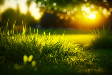 The sun shines brightly through the trees in the background of the grass. Generative AI.