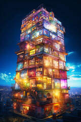Very tall building with lots of windows and lights on top of it. Generative AI.