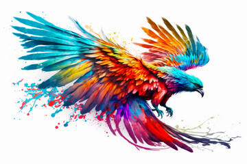 Image of colorful bird flying in the air with its wings spread. Generative AI.