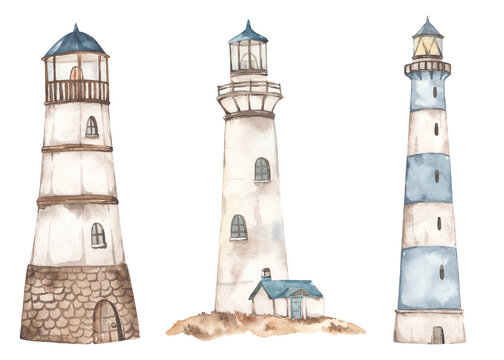 Lighthouses watercolor set of illustrations on a white background, hand drawn, nautical set in blue colors