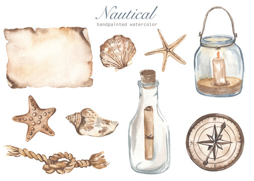 Watercolor nautical set with rope, nautical knot, compass, parchment, seashells, candle lantern, note in bottle