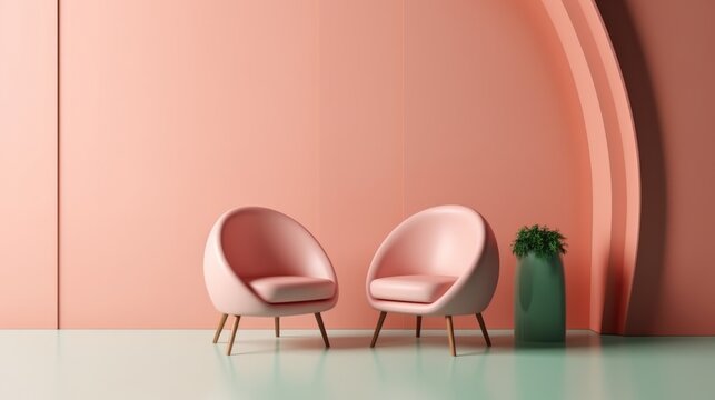 Pink Background with Chairs and Plant. Interior Design Concept with copy-space. Generative AI.