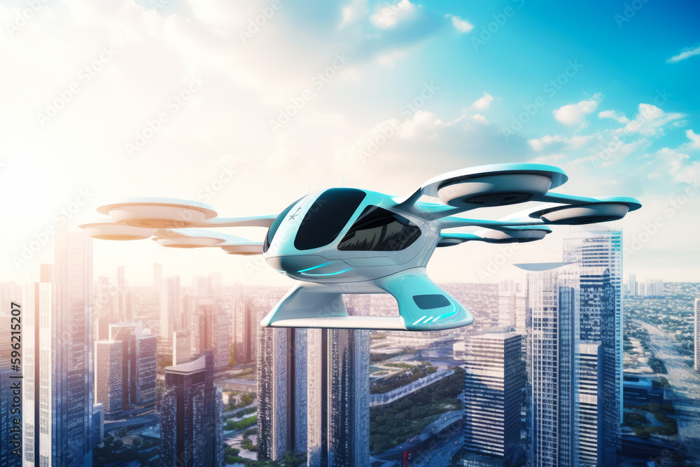 Poster futuristic flying vehicle in the middle of city with skyscrapers in the background. generative ai.