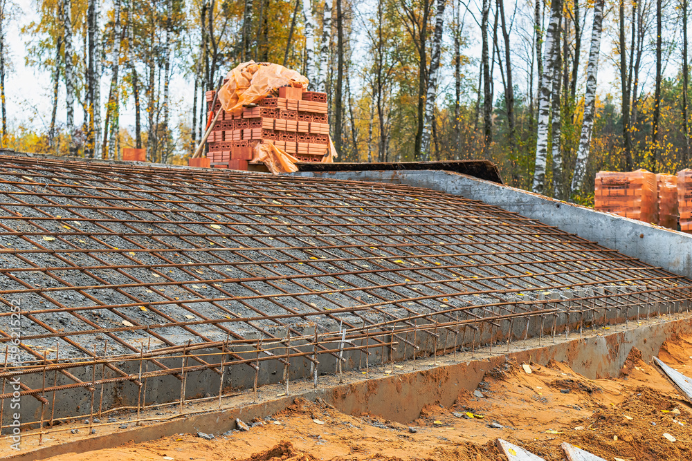 Poster installation of reinforcement and formwork for reinforced concrete by builders for the manufacture o