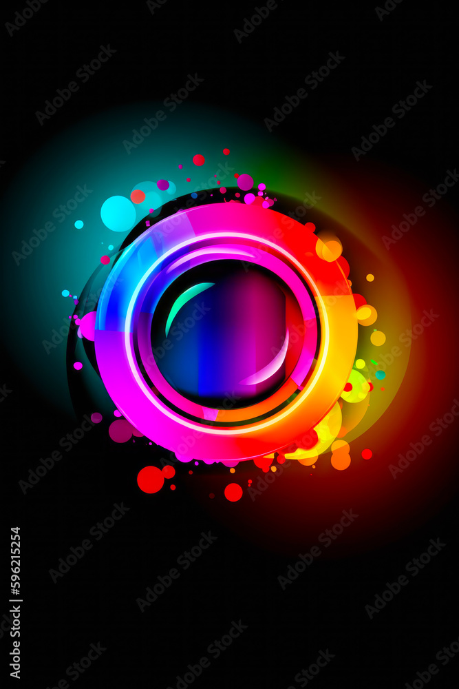 Sticker Colorful circle on black background with lot of circles around it. Generative AI.