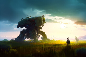 Obraz na płótnie Canvas Man standing in field next to giant robot in the sky. Generative AI.
