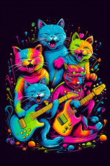 Group of cats playing guitars and singing with guitar in front of them. Generative AI.