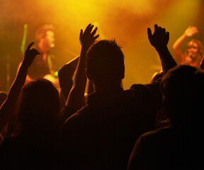 Fans, hands and silhouette, people at concert or music festival from back, orange lights and energy at live event. Dance, fun and excited crowd in arena at rock band performance or audience dancing.