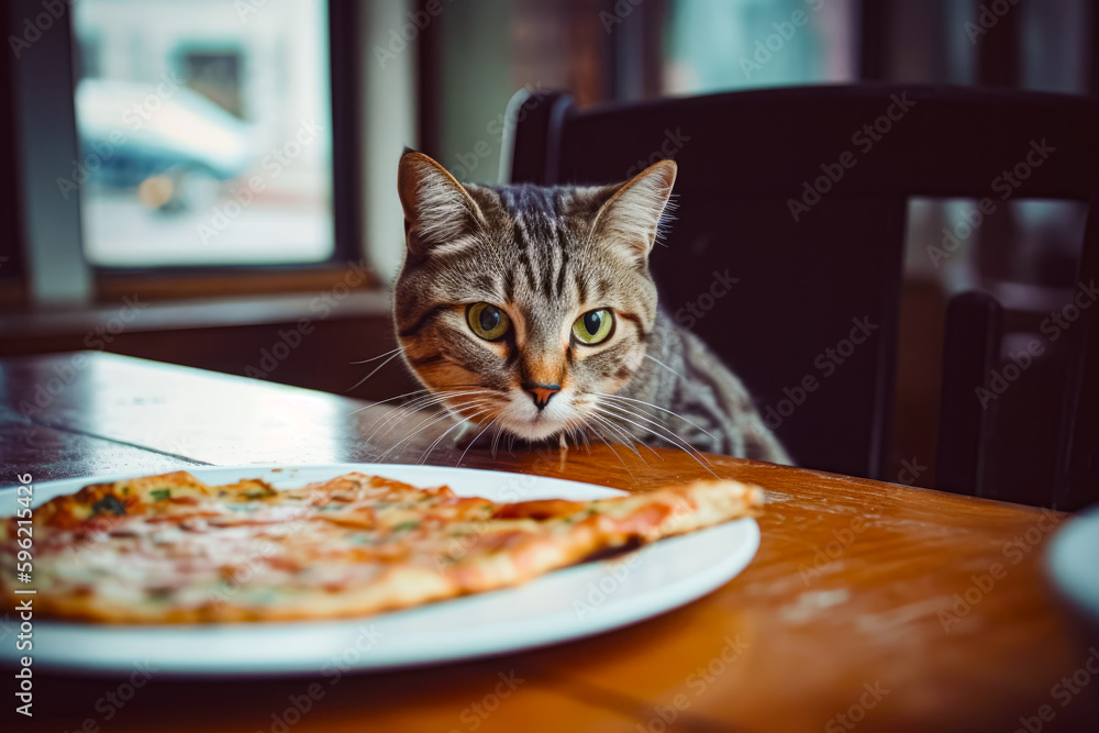 Canvas Prints Cat sitting at table with plate of pizza in front of it. Generative AI.