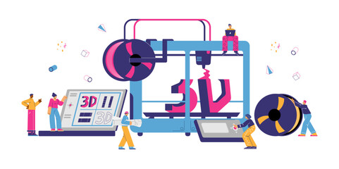 Industrial 3D printer facilities with technicians vector illustration isolated.