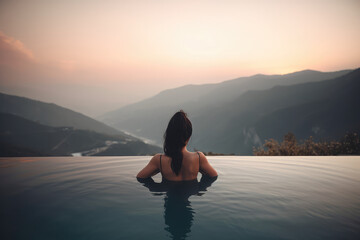 Fototapeta back view young adult female person enjoy relax in infinity edge luxury outdoor swimming pool looking on fog hill green mountains in warm sunset light. Alpine welness travel vacation, generative AI obraz