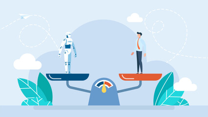 Balance scales human vs robot. Competition concept artificial intelligence digital technology. Robot standing on the scale and equal to businessman. Artificial intelligence robot. Vector illustration