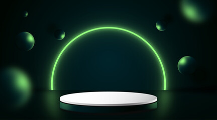 Realistic 3d cylinder pedestal podium. Abstract vector green neon glowing effect. Vector podium, pedestal scene. Showroom podium for product presentation