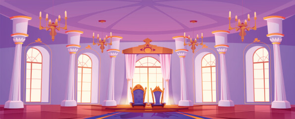 Castle ballroom with throne interior cartoon. Medieval royal palace hall for ball and dance with luxury chandelier in fantasy game illustration. Empty scene of beautiful nobility chamber with carpet