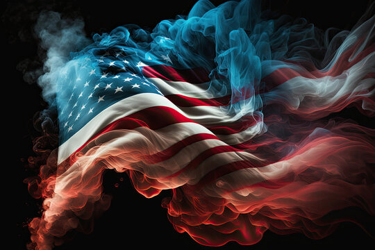 AI generated american flag form smoke on black background at USA independence day