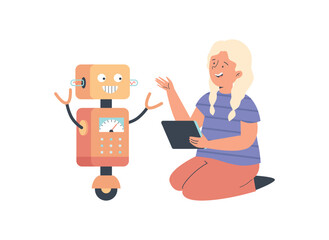 Smart kid girl communicating with robotic toy flat vector illustration isolated.