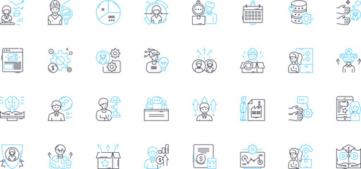 Budget tracking linear icons set. Finance, Expense, Budgeting, Accounting, Savings, My, Cost line vector and concept signs. Tracking,Planning,Analysis outline illustrations - obrazy, fototapety, plakaty