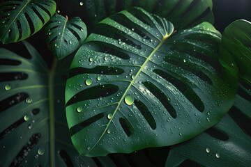 AI generated green leaves of monstera plant growing in wild tropical forest plant dark background - obrazy, fototapety, plakaty