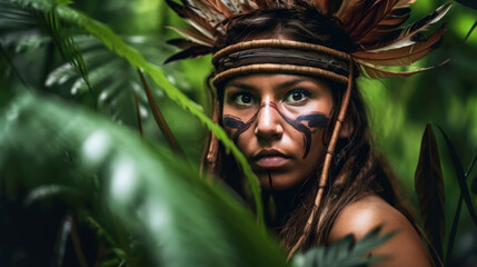Close portrait of a savage amazon tribe woman in the jungle. Generative AI - obrazy, fototapety, plakaty