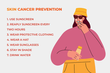 Sun protection infographic. Skin cancer prevention infographic. Skin protection and sun safety infographics. Vector illustration