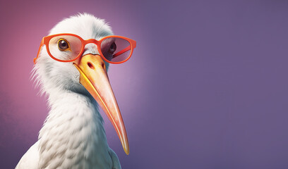Fototapeta premium Creative animal concept. White stork bird in sunglass shade glasses isolated on solid pastel background, commercial, editorial advertisement, surreal surrealism. 