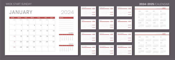 2024 - 2025 Calendar Planner Template. Vector layout of a wall or desk simple calendar with week start sunday. Set of monthly and annual page calendar in minimalist corporate design for print. - obrazy, fototapety, plakaty