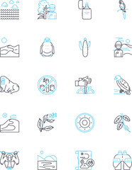 Wilderness linear icons set. Solitude, Nature, Adventure, Serenity, Wildlife, Survival, Freedom line vector and concept signs. Uninhabited,Majesty,Trekking outline illustrations