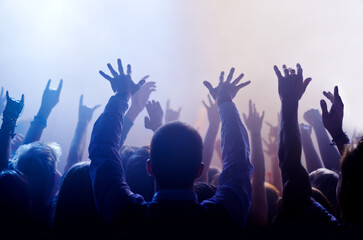 Music, hands raised and people at concert or festival from back, lights and energy in crowd at live...
